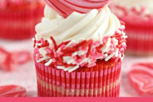 Picture of Swirled Chocolate Heart Cupcakes with text overlay for Pinterest.