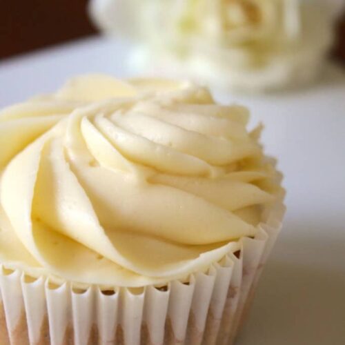 Close up of a White Russian Cupcake swirled with buttercream.