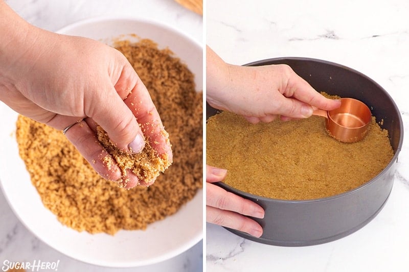 Two photo collage showing how to make a graham cracker crust for New York-Style Cheesecake.