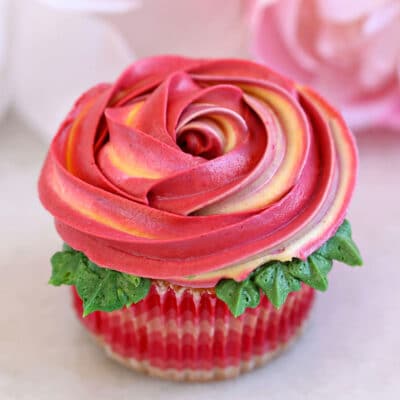A Rosette Cupcake on a white surface.