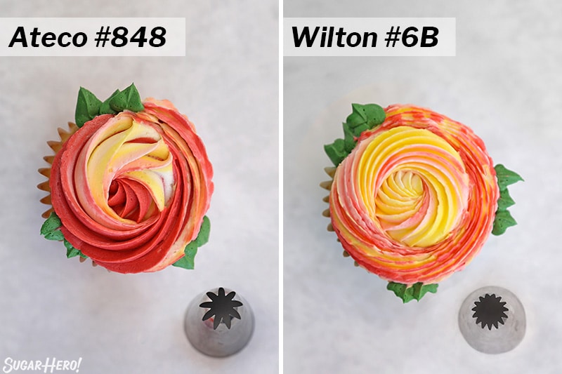 Two photo collage of rosette cupcakes with labelled piping tips.