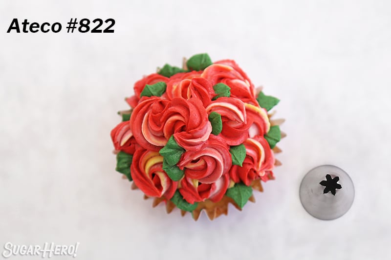 Overhead shot of mini rosette cupcake with piping tip to the side.