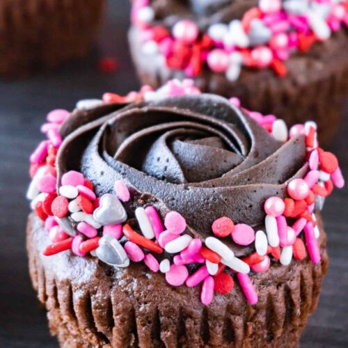 Close up of a Valentine’s Day Chocolate Truffle Cupcake.
