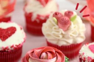 Picture of assorted Valentine's Day cupcakes with text overlay for Pinterest.