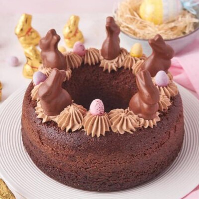 Top view of a Chocolate Bunny Bundt Cake for Easter Cake round up.