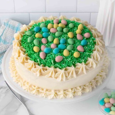 Top view of a Coconut Easter Cake for Easter Cake round up.