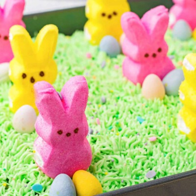 Close up of an Easter Bunny Poke Cake for Easter Cake round up.