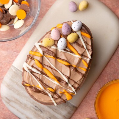 Top view of an Egg-Shaped Easter Cheesecake for Easter Cake round up.