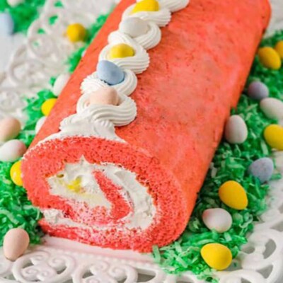 Close up of a Mini Egg Cake Roll for Easter Cake round up.