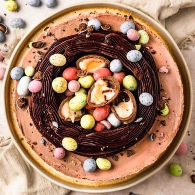 Top view of a Swirled Mini Egg Cheesecake for Easter Cake round up.