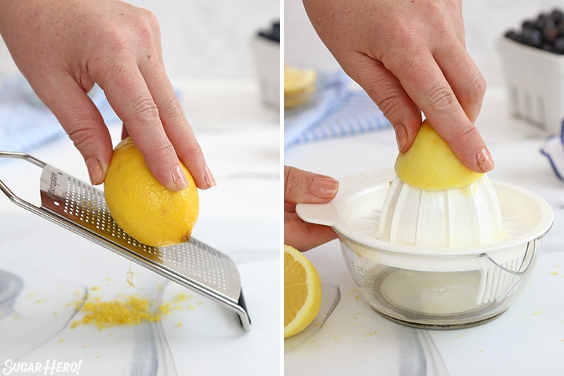 Process collage showing the zesting and juicing of a lemon.