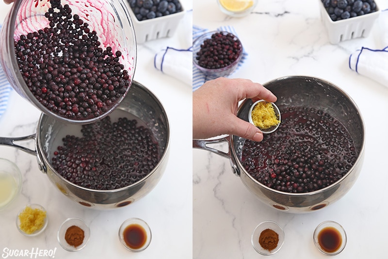 Process collage showing ingredients for blueberry sauce being added to a saucepan.