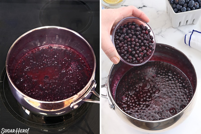 Process collage of boiling blueberries to make blueberry sauce and then adding more blueberries to the saucepan.