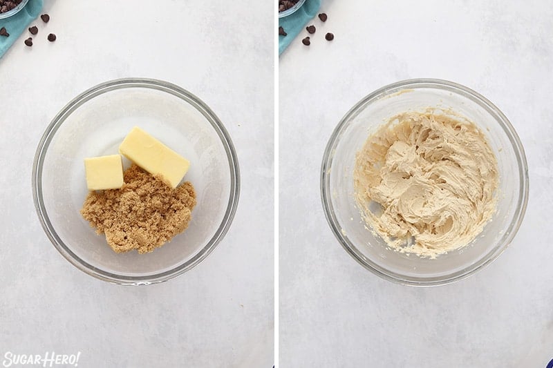 Process collage showing brown sugar and butter in a glass bowl, the next photo showing them mixed together.