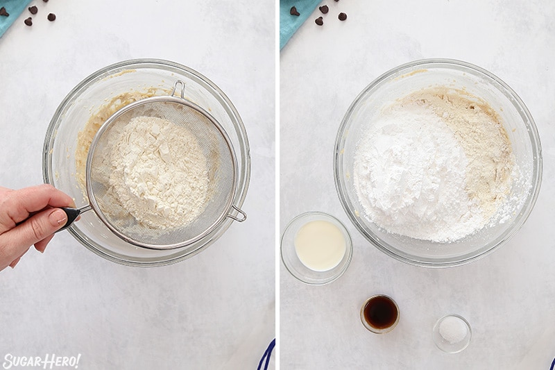 Process collage showing flour being sifted into a glass bowl of brown sugar and butter mixture.