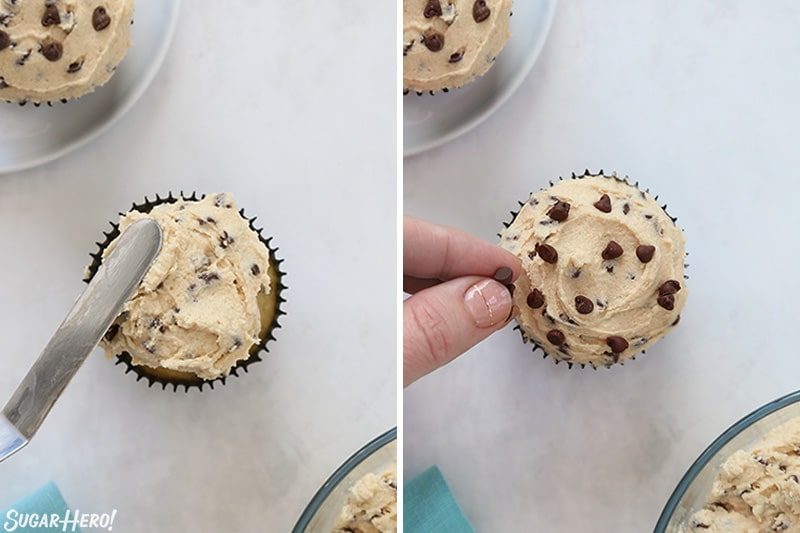 Process collage showing a cupcake being frosted with cookie dough frosting, the next photo showing mini chocolate chips being added to the top of the frosting.