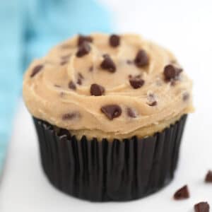 Close-up of cupcake frosted with Cookie Dough Frosting.