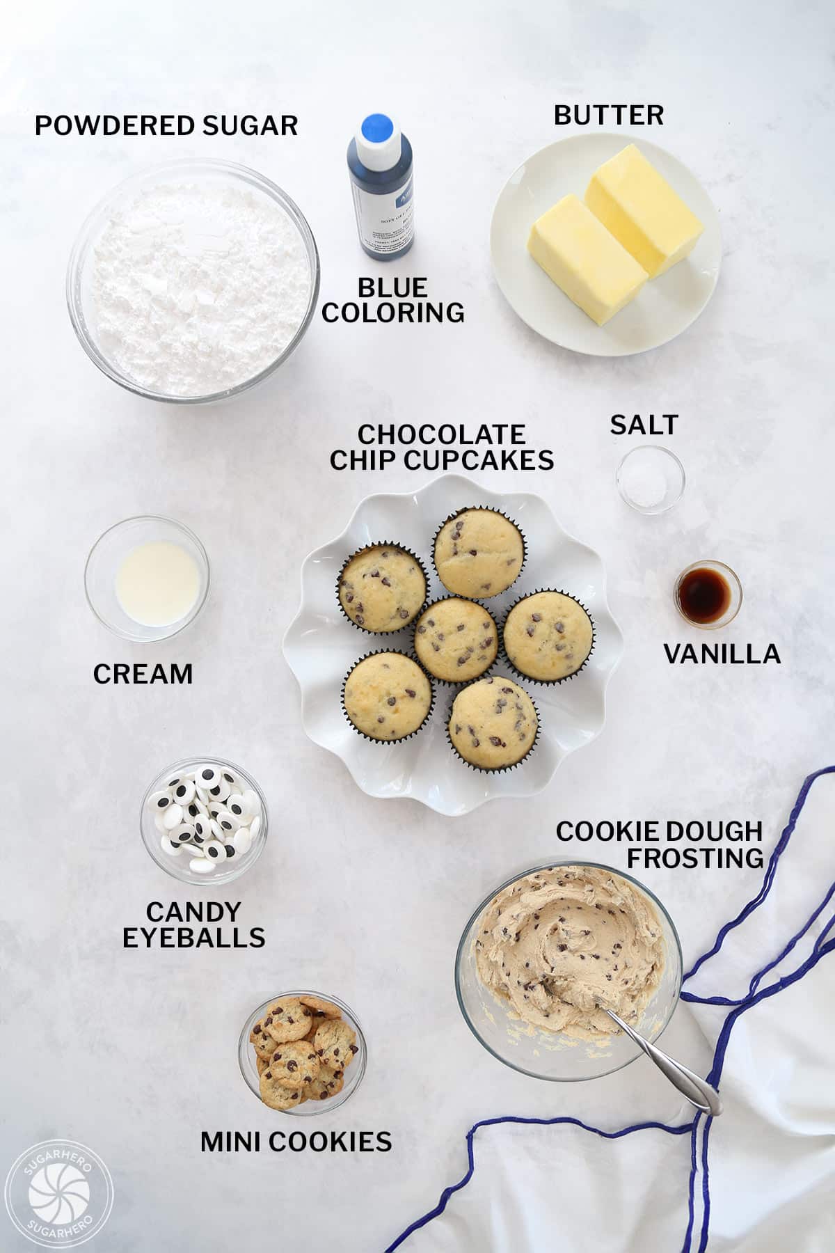 Overhead shot of ingredients needed to make Cookie Monster Cupcakes.