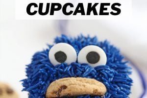 Photo of Cookie Monster Cupcakes with text overlay for Pinterest.