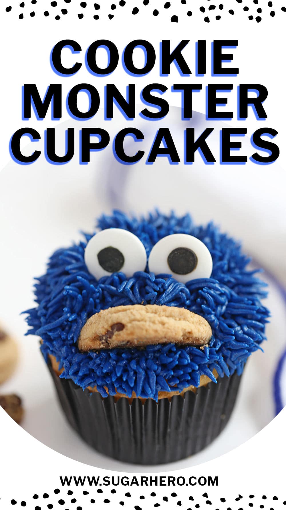 Photo of Cookie Monster Cupcakes with text overlay for Pinterest.