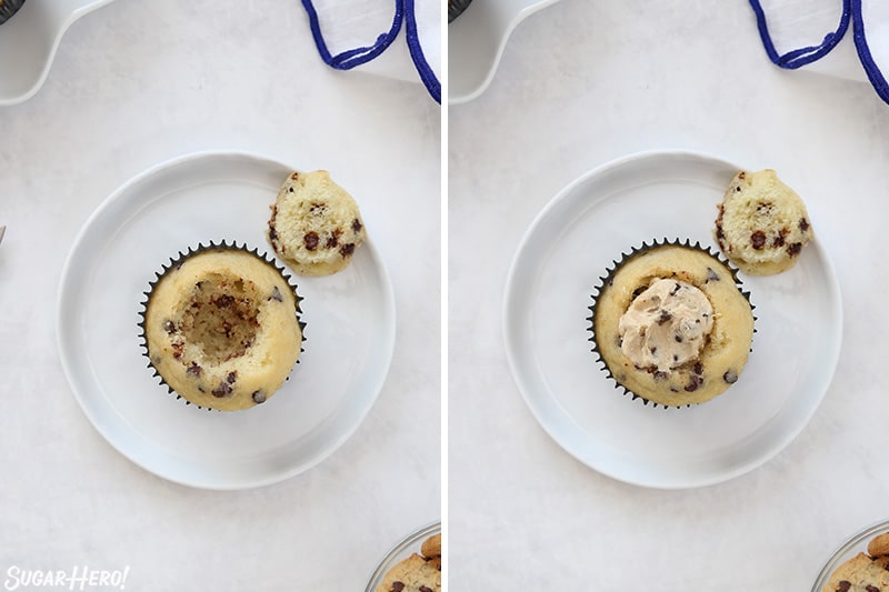 Process photo showing a chocolate chip cupcake with a piece scooped out of the center and then filled with cookie dough frosting.