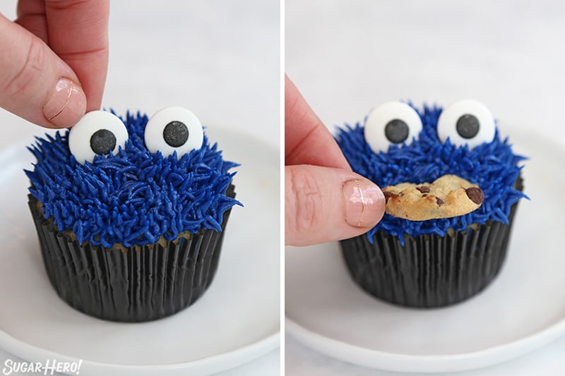Process collage showing eyeball candy being set on top of blue frosted cupcake and then a chocolate chip cookie being set below the eyeball candy on the cupcake.