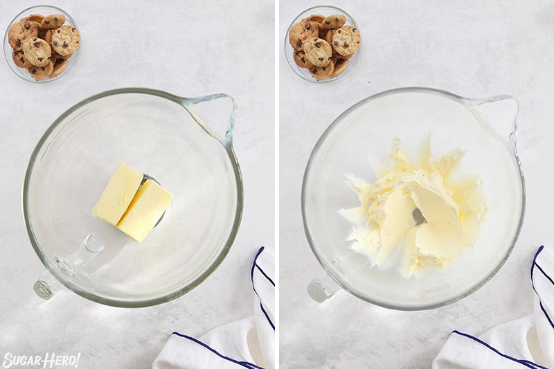 Process collage showing two sticks of butter in a glass mixing bowl; next photo shows the butter creamed.