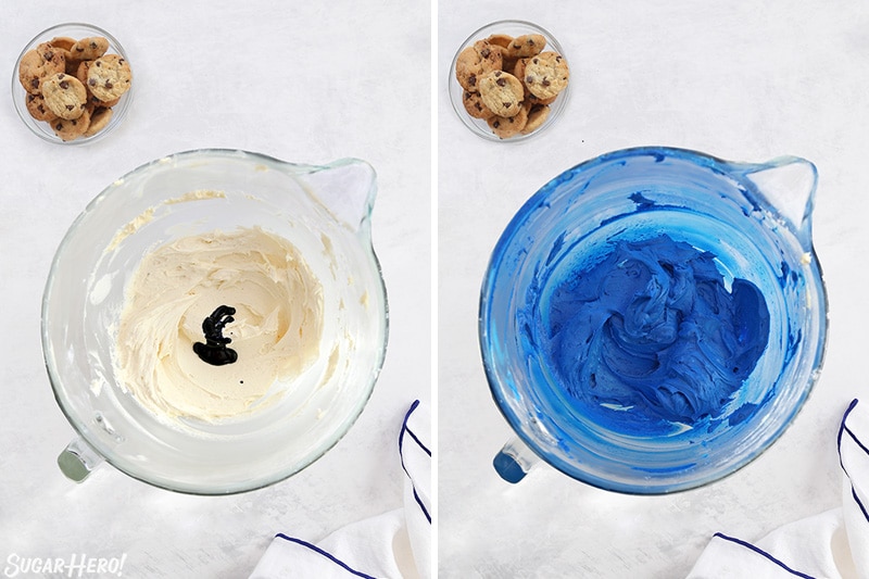 Process collage showing blue gel food coloring drops added into frosting mixture; second photo showing ingredients combined.