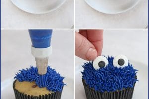 Six-photo process collage showing how to make Cookie Monster Cupcakes.