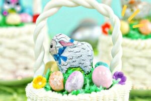 Photo of Easter Basket Cupcakes with text overlay for Pinterest