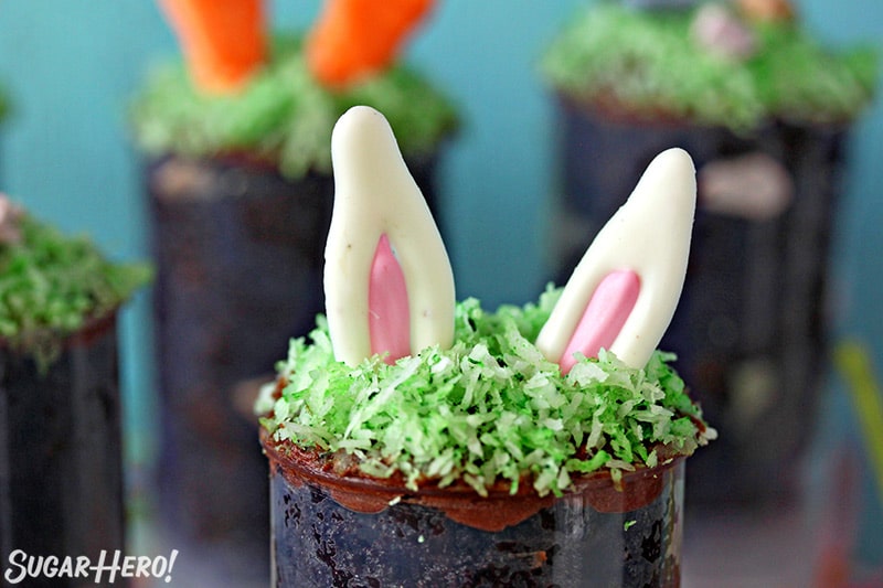 Close up of Easter Push-Up Pop topped with bunny ears made out of candy melt.