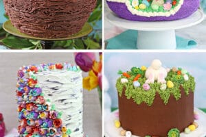 Photo collage featuring six cute Easter Cakes with text overlay for Pinterest.