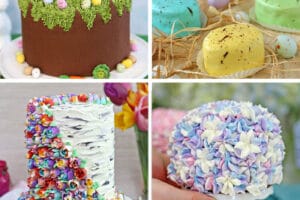Photo collage featuring six cute Easter Cakes with text overlay for Pinterest.