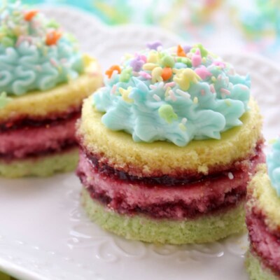 Mini layer cakes in pastel colors with jam in between the layers, and blue buttercream swirled on top.
