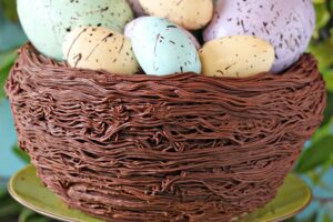 Photo of an Easter Nest Cake with text overlay for Pinterest.