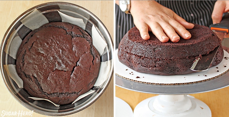 Two photo collage showing how to bake and slice an Easter Nest Cake.
