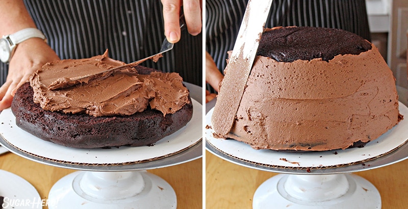 Two photo collage showing how to fill and frost an Easter Nest Cake.