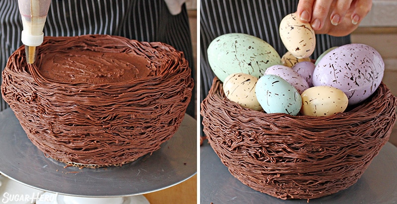 Two photo collage showing how to finish decorating an Easter Nest Cake.