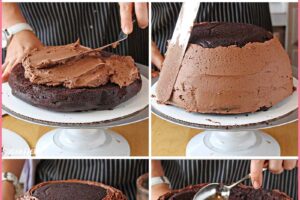 Eight photo collage showing how to make an Easter Nest Cake.