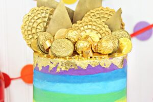 Photo of Gold-Topped Rainbow Cake with text overlay for Pinterest.