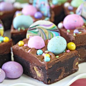 Two photo collage of Frosted Easter Brownies with text overlay for Pinterest.