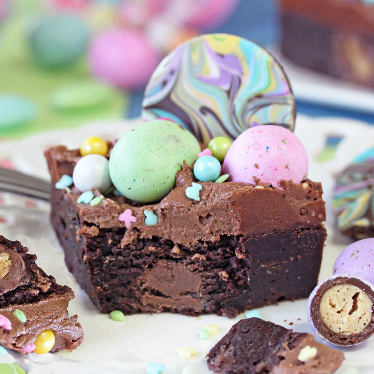 Two photo collage of Frosted Easter Brownies with text overlay for Pinterest.