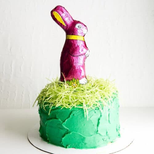 Green layer cake topped with edible Easter grass and a chocolate Easter bunny.