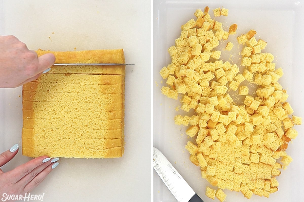 Two-photo collage showing how to cut and cube yellow cake.