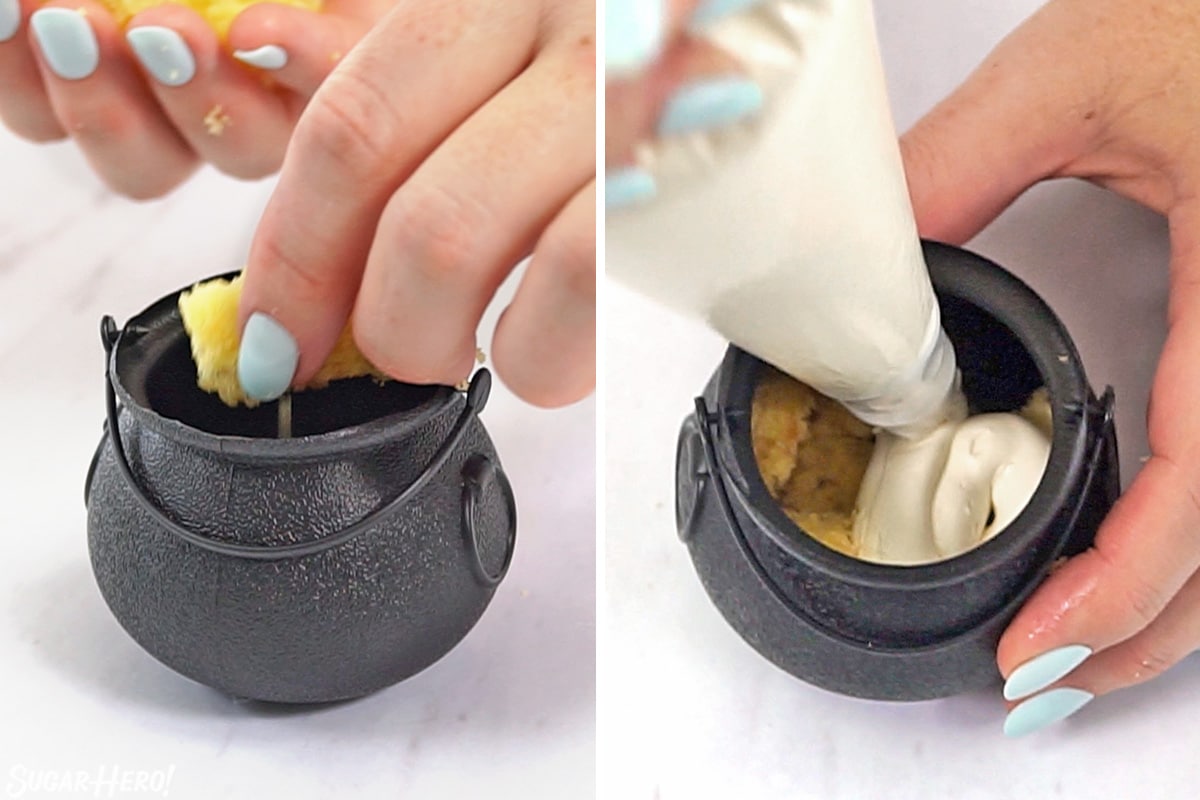 Two-photo collage showing how to layer pot of gold cupcake cups.