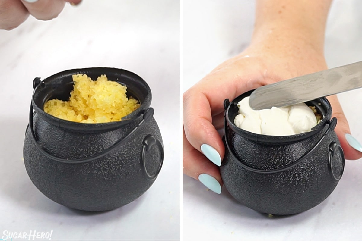 Two-photo collage showing how to assemble pot of gold cupcake cups.