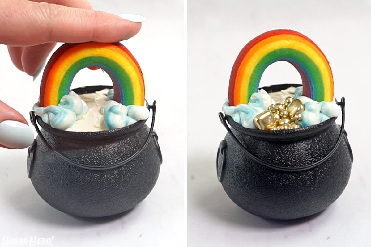Two-photo collage showing how to add a buttercream rainbow on top of a pot of gold cupcake.