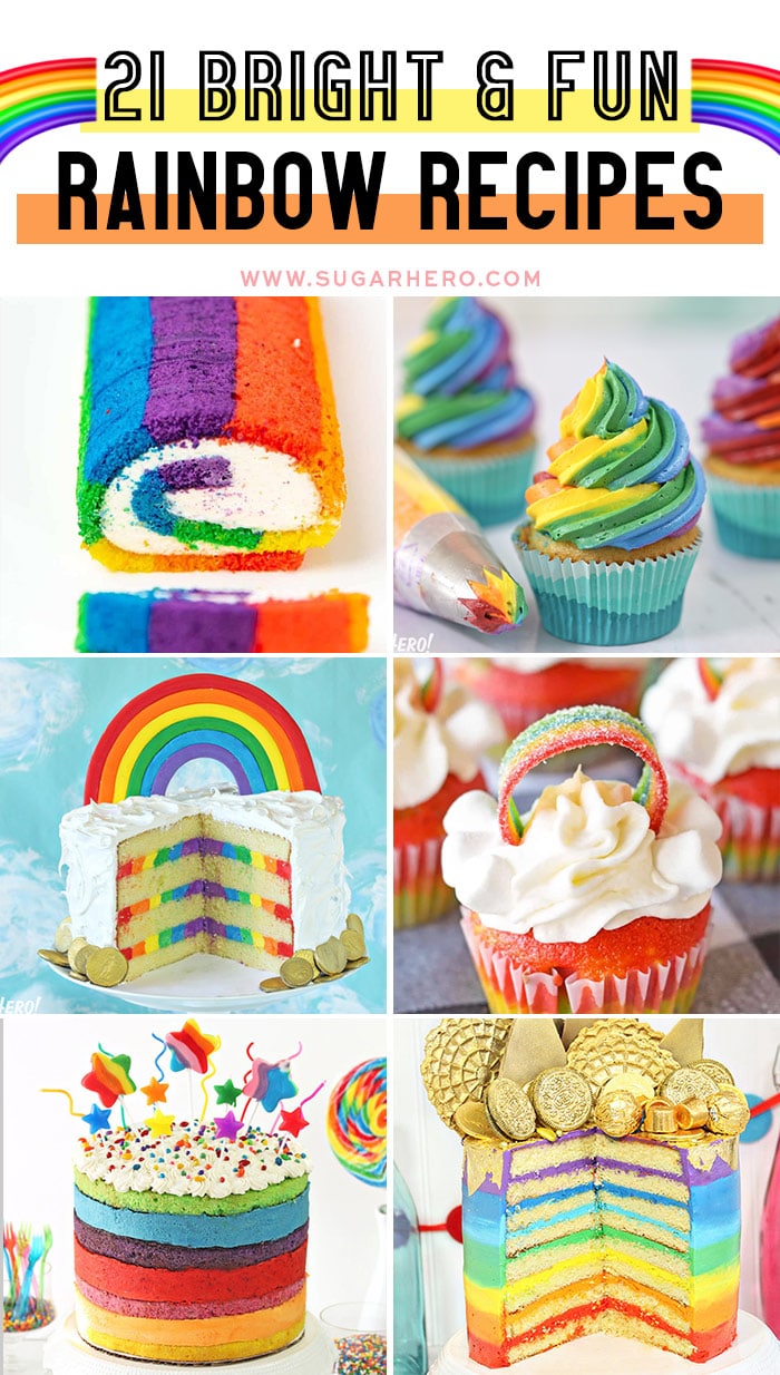 Six photo collage of rainbow desserts with text overlay for Pinterest.