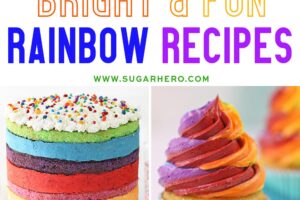 Pinterest collage showing six different rainbow dessert with text overlay that reads "21 Bright & Fun Rainbow Recipes".