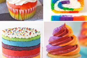 Pinterest collage showing six different rainbow dessert with text overlay that reads "Fun Rainbow Recipes & Ideas".